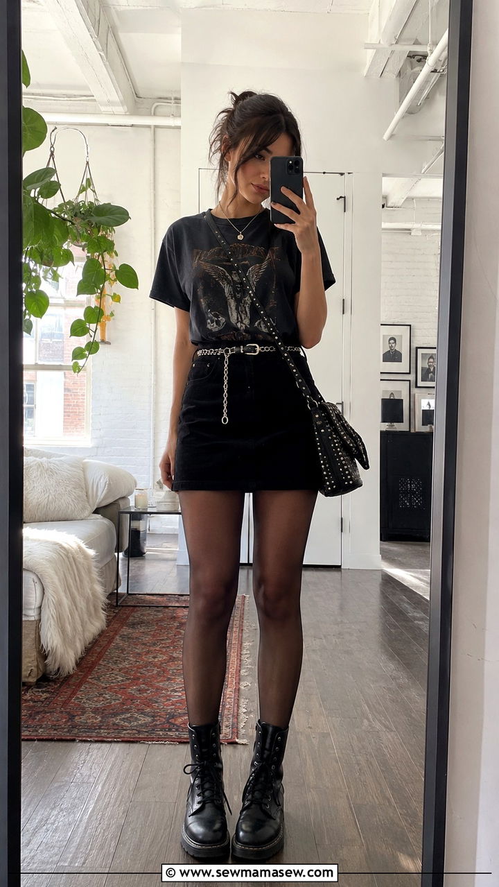 Combat Boots with Mini Skirt and Band Tee - 30 How to style combat boots