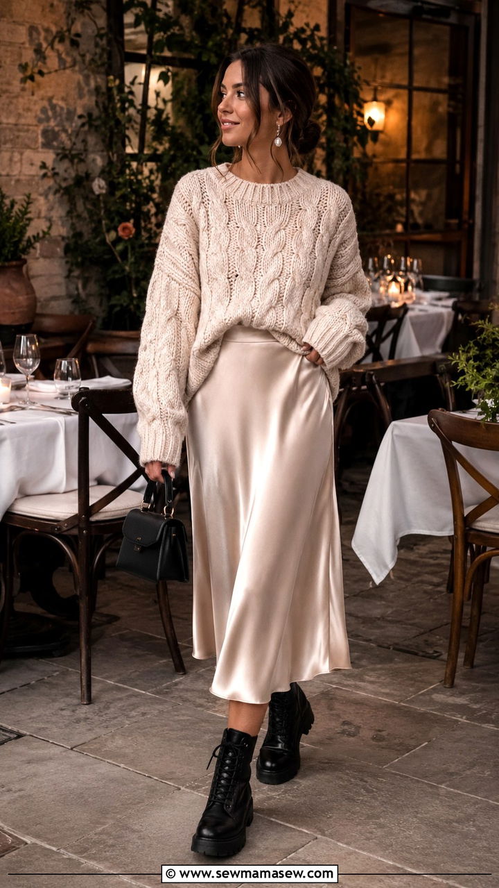Combat Boots with Satin Midi Skirt and Chunky Sweater - 30 How to style combat boots