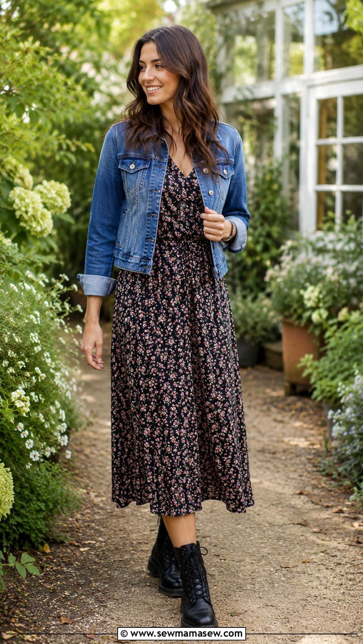 Combat boots with floral midi dress - 30 transitional boots outfit ideas