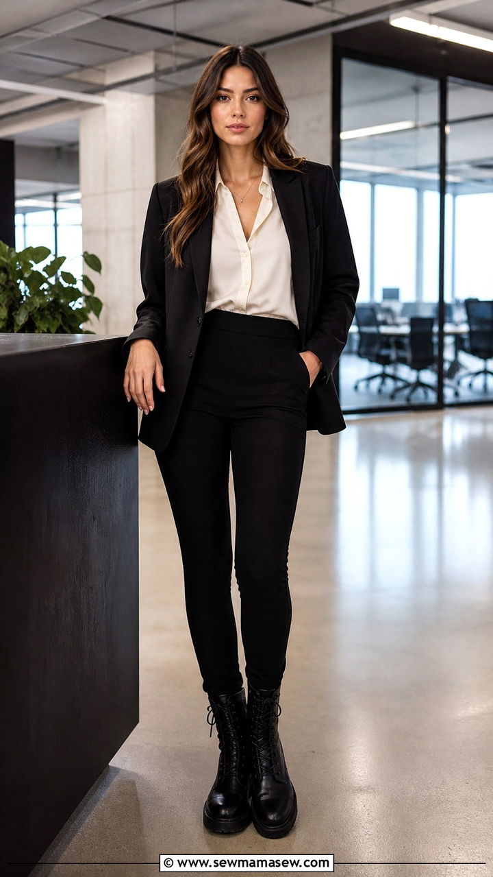 Combat boots with ponte pants and blouse - 40 Combat boots outfit ideas
