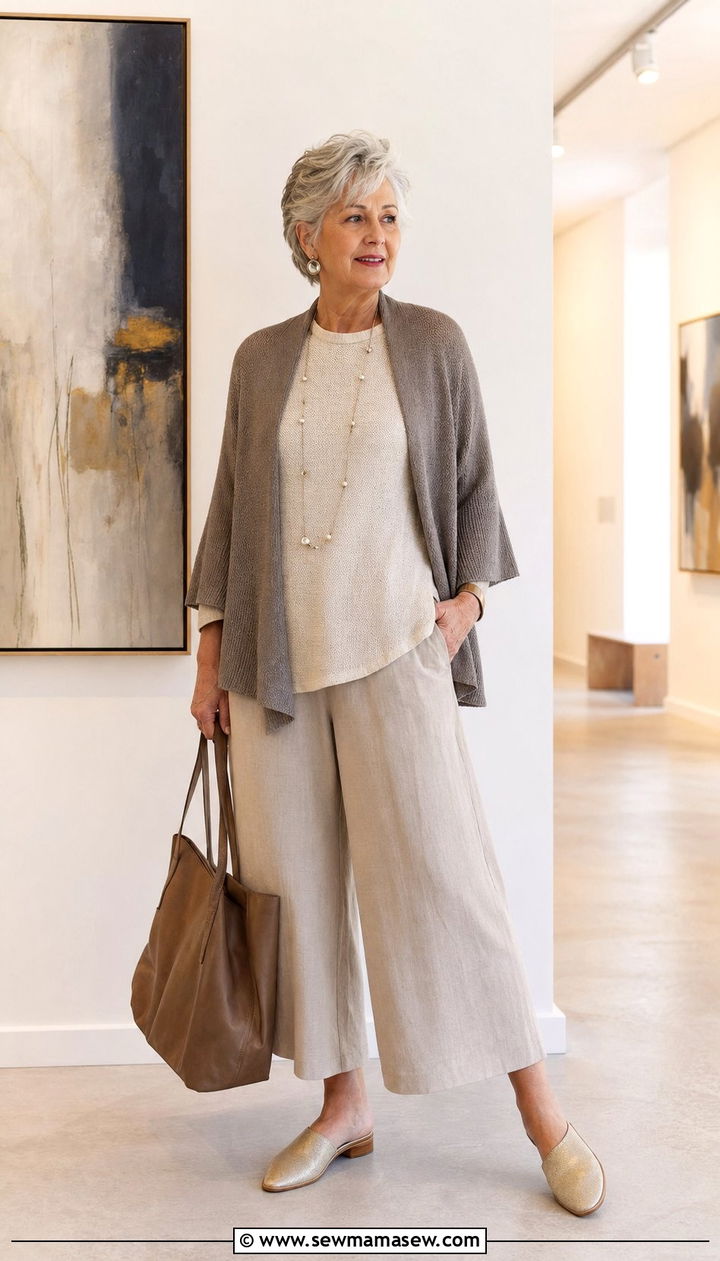 Comfortable Culottes With Layered Top And Mules - 35 Brunch outfits for women over 60