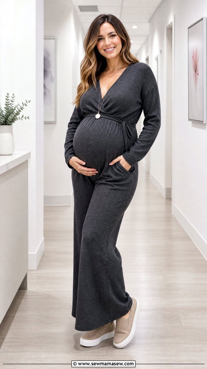 Comfortable Jumpsuit and Slip On Shoes Outfit - 25 Maternity outfit ideas for doctor appointment