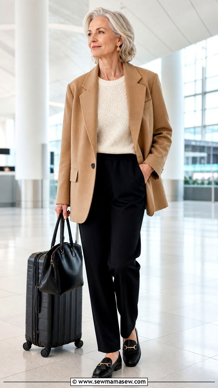 Comfy pull on trousers with textured knit top and oversized blazer - 20 Airport outfit ideas for women over 60