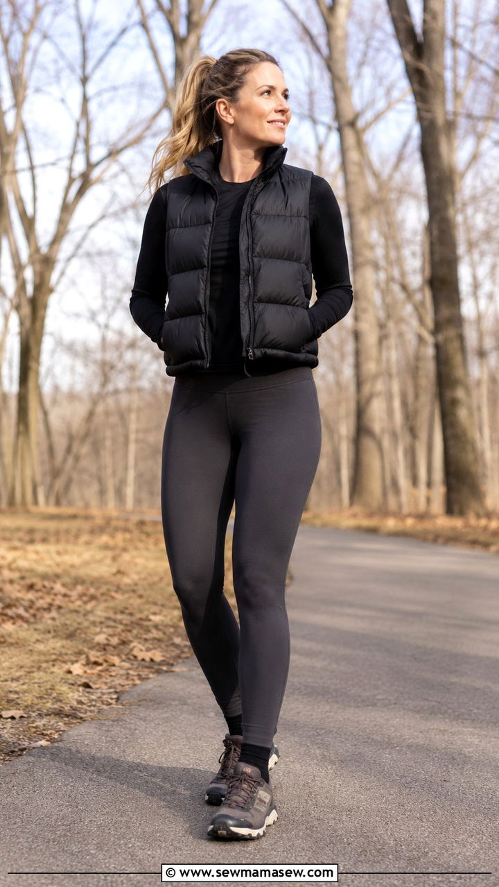 Compression Leggings With Long Sleeve Top and Puffer Vest - 30 Gym outfit ideas for women over 40