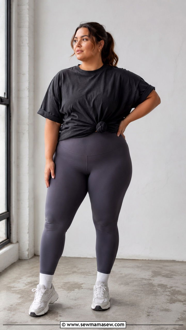 Compression Leggings With Oversized Tee - 30 Plus size pilates outfit ideas
