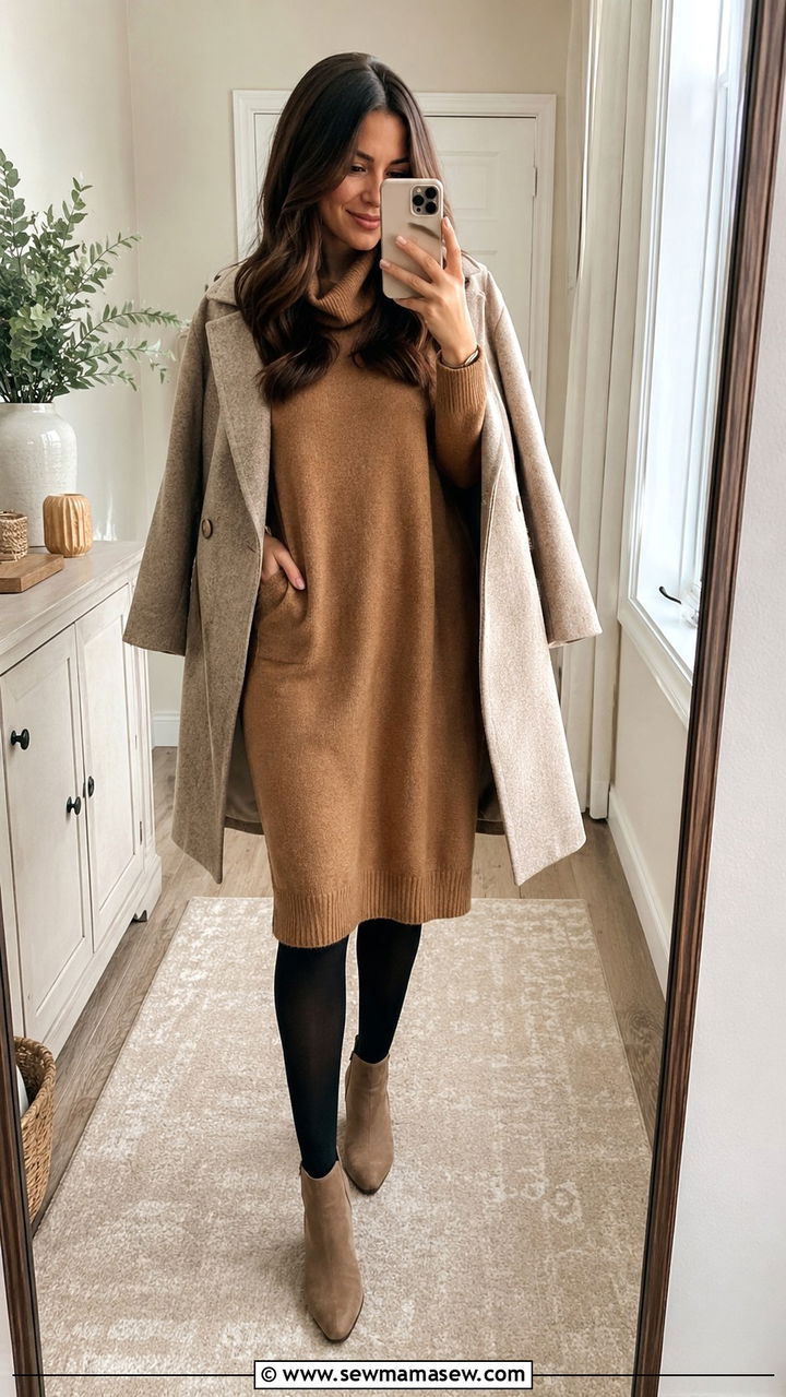 Compression Tights With A Midi Sweater Dress And Booties - 25 Travel nurse outfit ideas