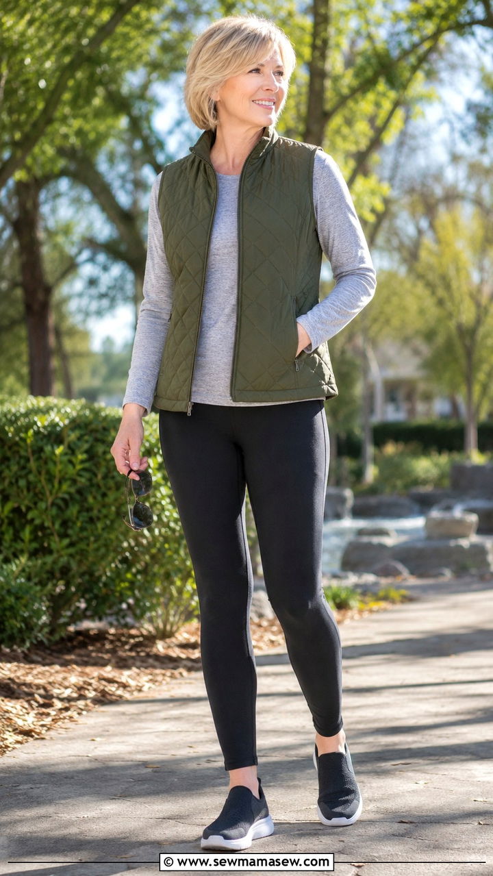 Compression leggings with a quilted vest and long sleeve tee - 25 Athleisure outfit ideas for women over 50