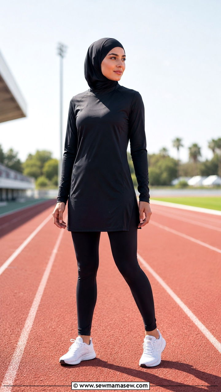 Compression leggings with longline tunic and under cap sports hijab - 25 Modest running outfit ideas with hijab