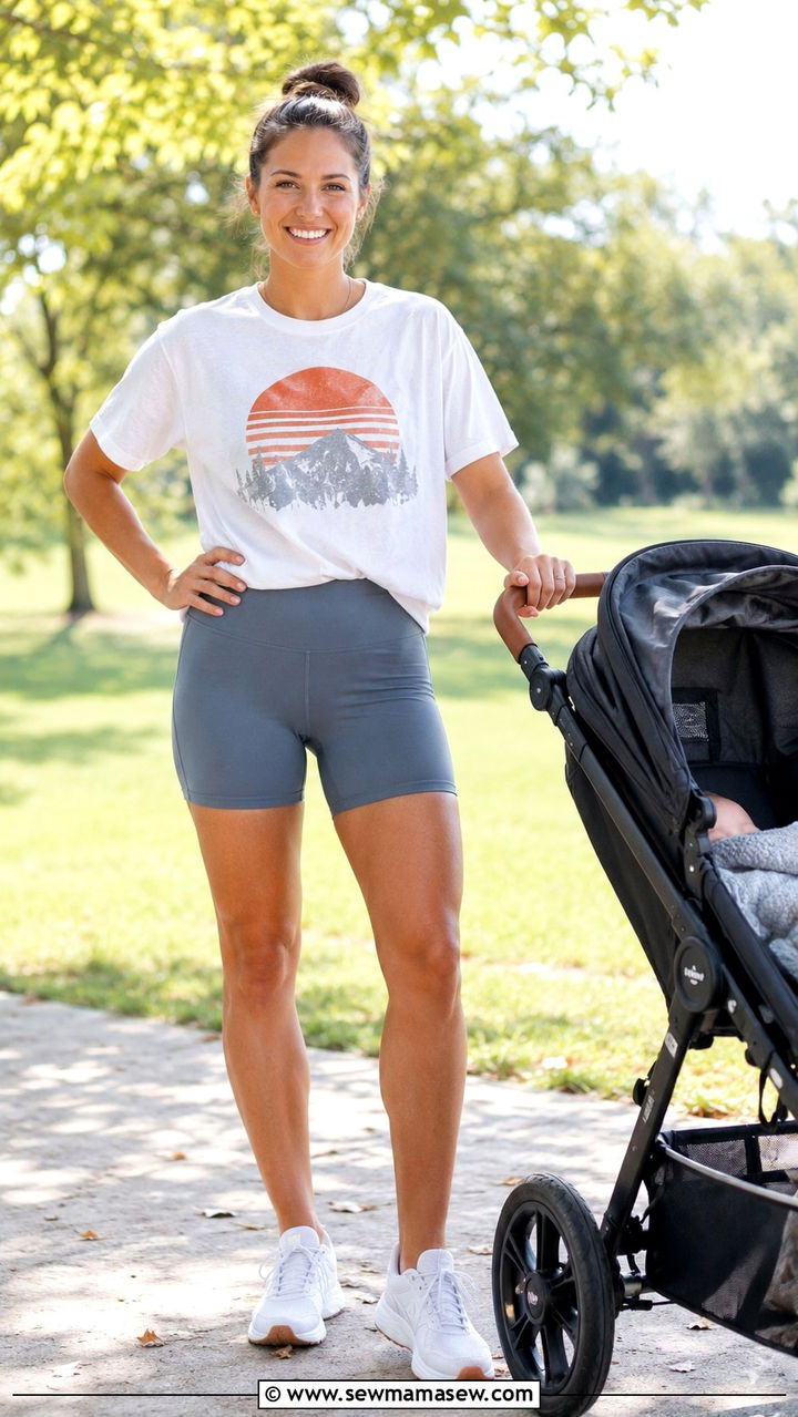 Compression shorts and a relaxed graphic tee - 25 Postpartum gym outfit ideas