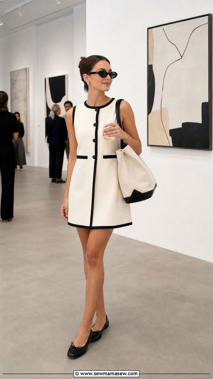 Contrast Trim Dress With Neutral Accessories - 25 French girl outfit ideas with Rouje dress