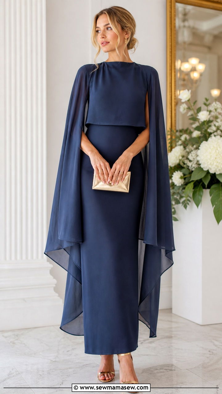 Convertible Cape Gown with Metallic Sandals - 40 Summer 2026 wedding guest outfit ideas