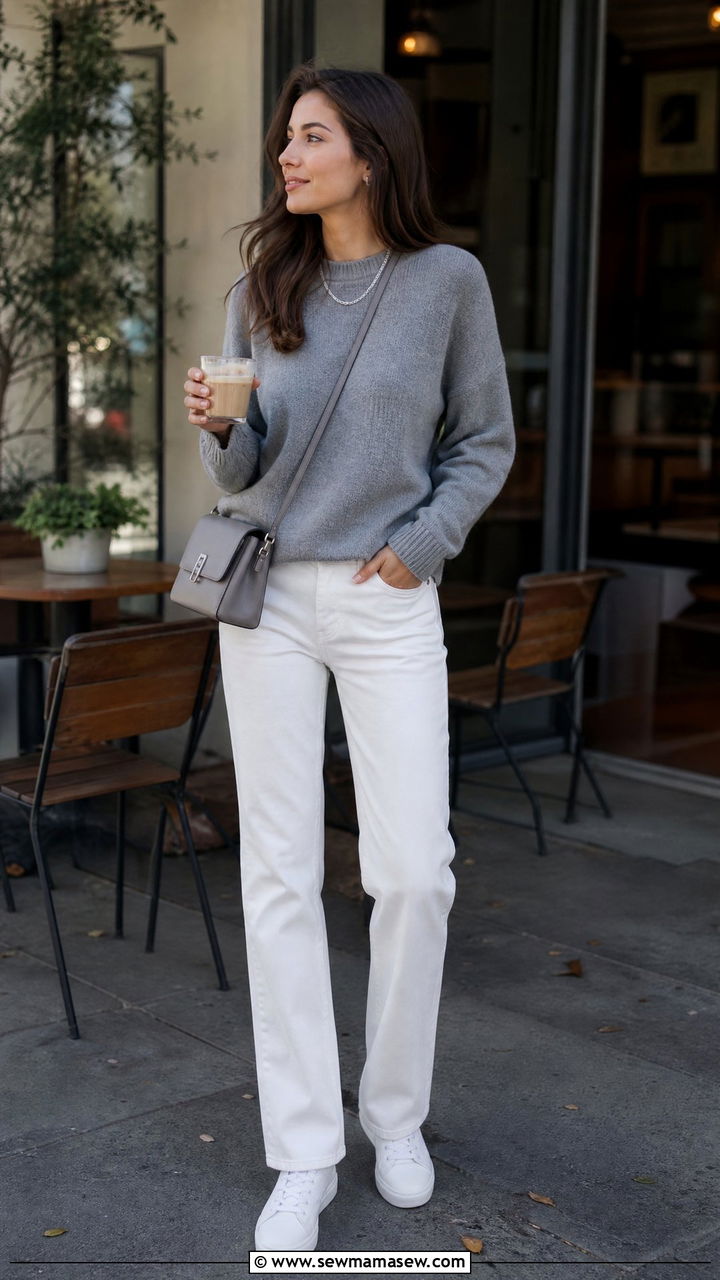 Cool Gray Cashmere Sweater And White Denim - 30 Cool tone outfit ideas