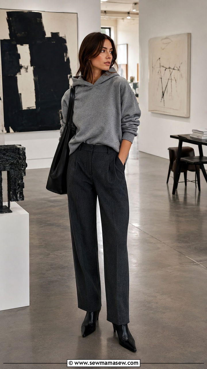 Cool grey slouchy hoodie with tailored wool trousers - 30 Loungewear outfit ideas 2026