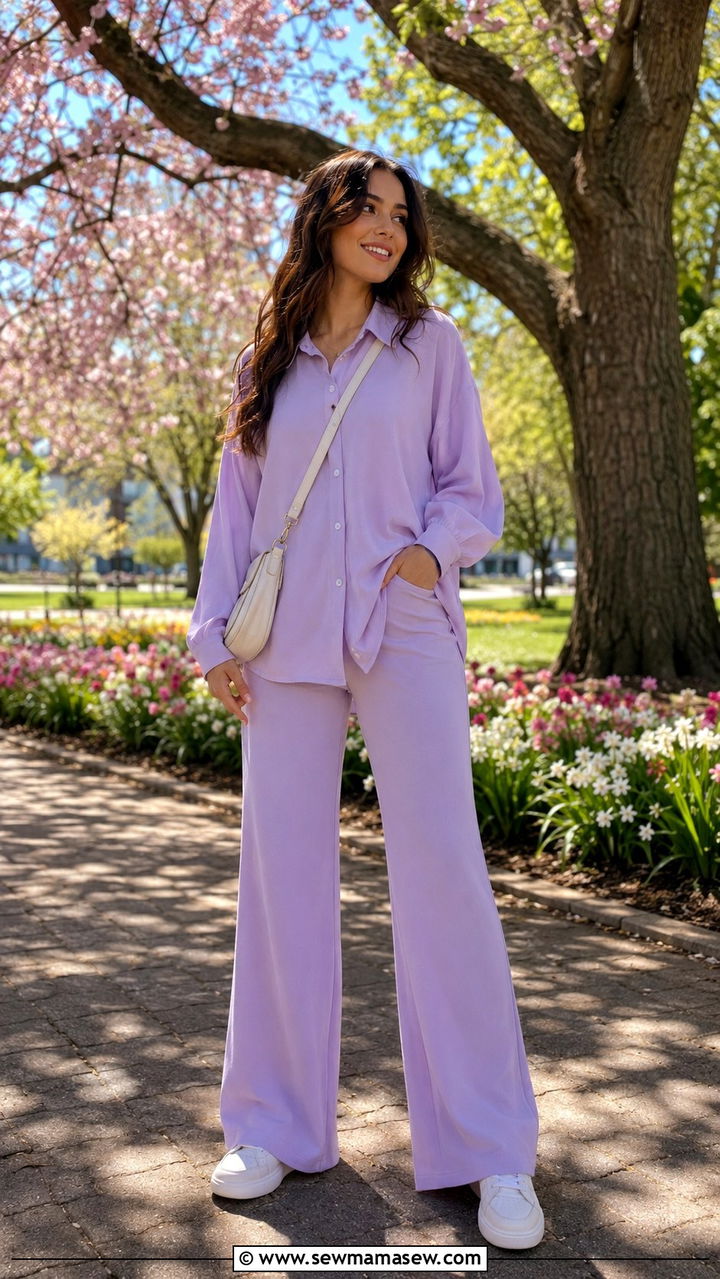 Coord set with flared pants outfit - 30 Spring outfits to hide belly fat