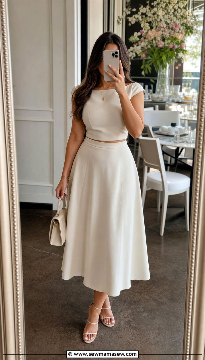 Coordinated A line skirt set brunch look - 35 Brunch outfits for pear shape