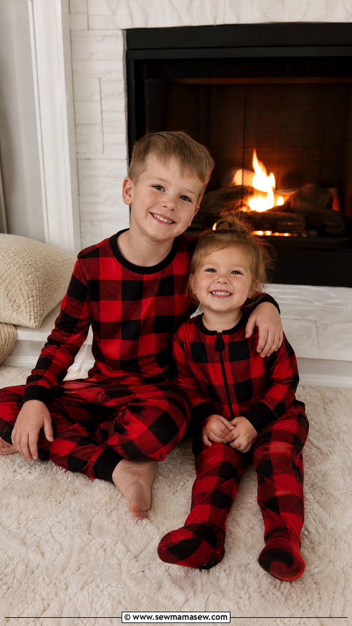 Coordinated Buffalo Plaid Pajama Set for Siblings - 30 Kids family photo outfits
