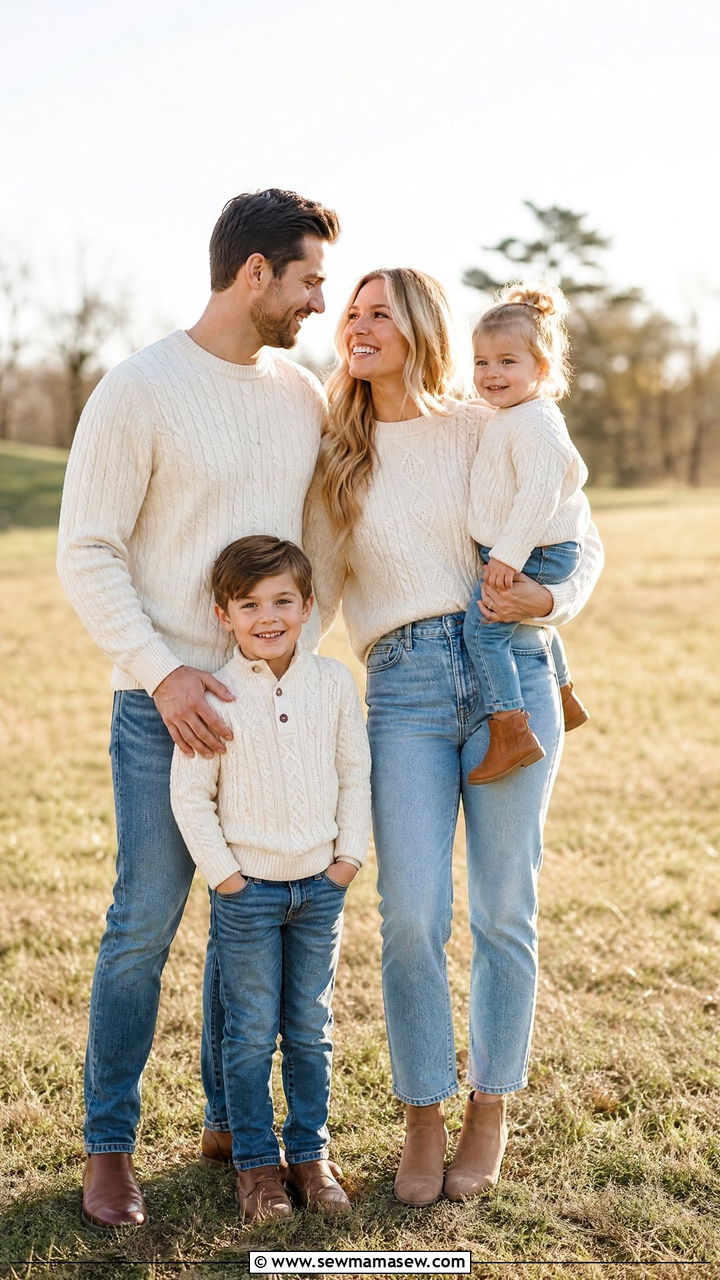Coordinated Cream Knits and Denim for Casual Outdoor Photos - 30 Family photoshoot outfit ideas