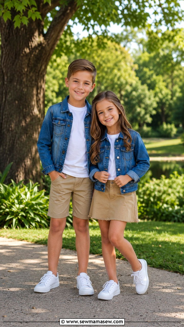 Coordinated Denim Jackets with White Tees Outfit - 30 Kids family photo outfits