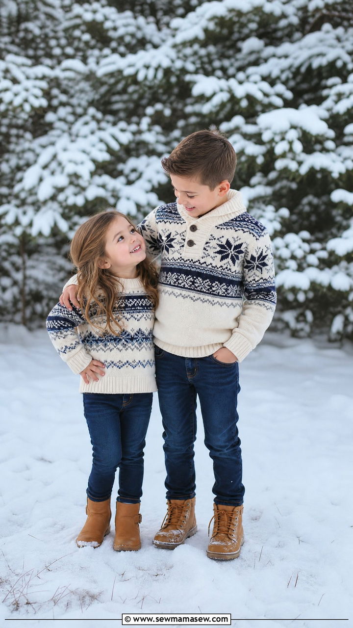 Coordinated Fair Isle Sweaters with Dark Jeans Outfit - 30 Kids family photo outfits