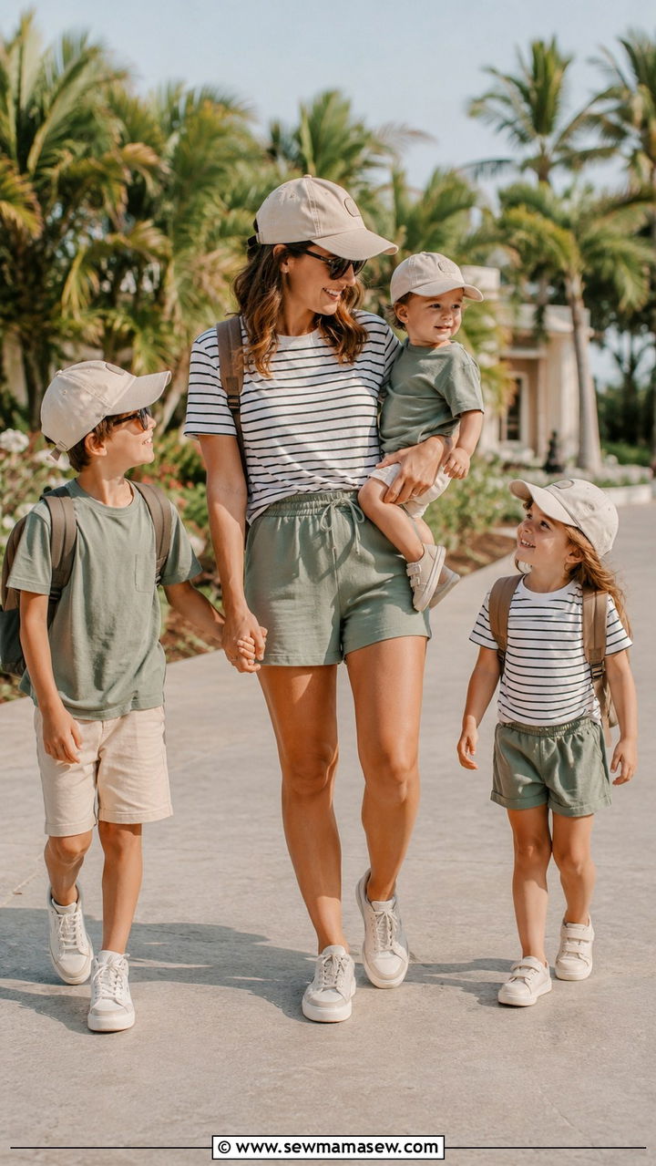 Coordinated Family Matching Set with Comfortable Sneakers - 30 Travel outfit ideas for moms