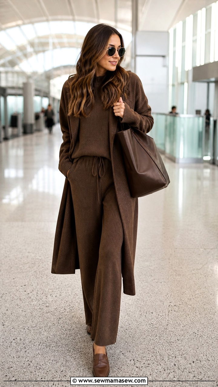 Coordinated Knit Lounge Set with Slides and Tote Bag - 20 40 year old woman outfit ideas