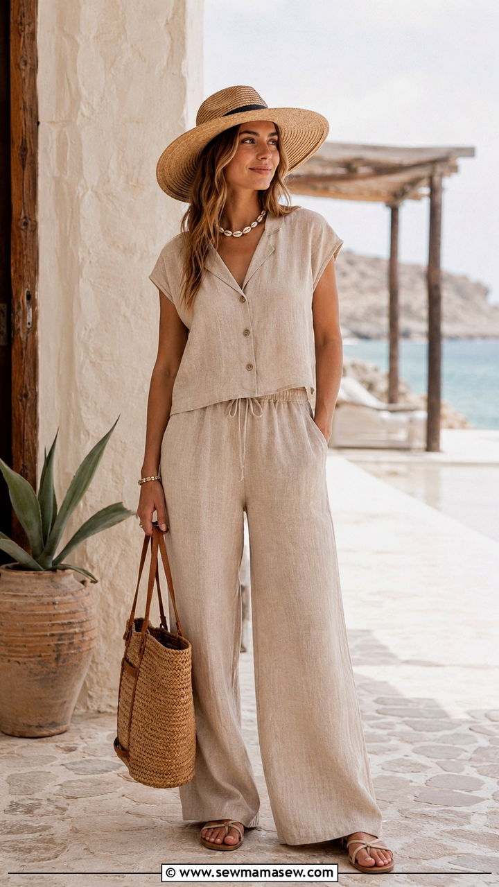 Coordinated Linen Set With Straw Hat - 30 Modest outfit ideas boho