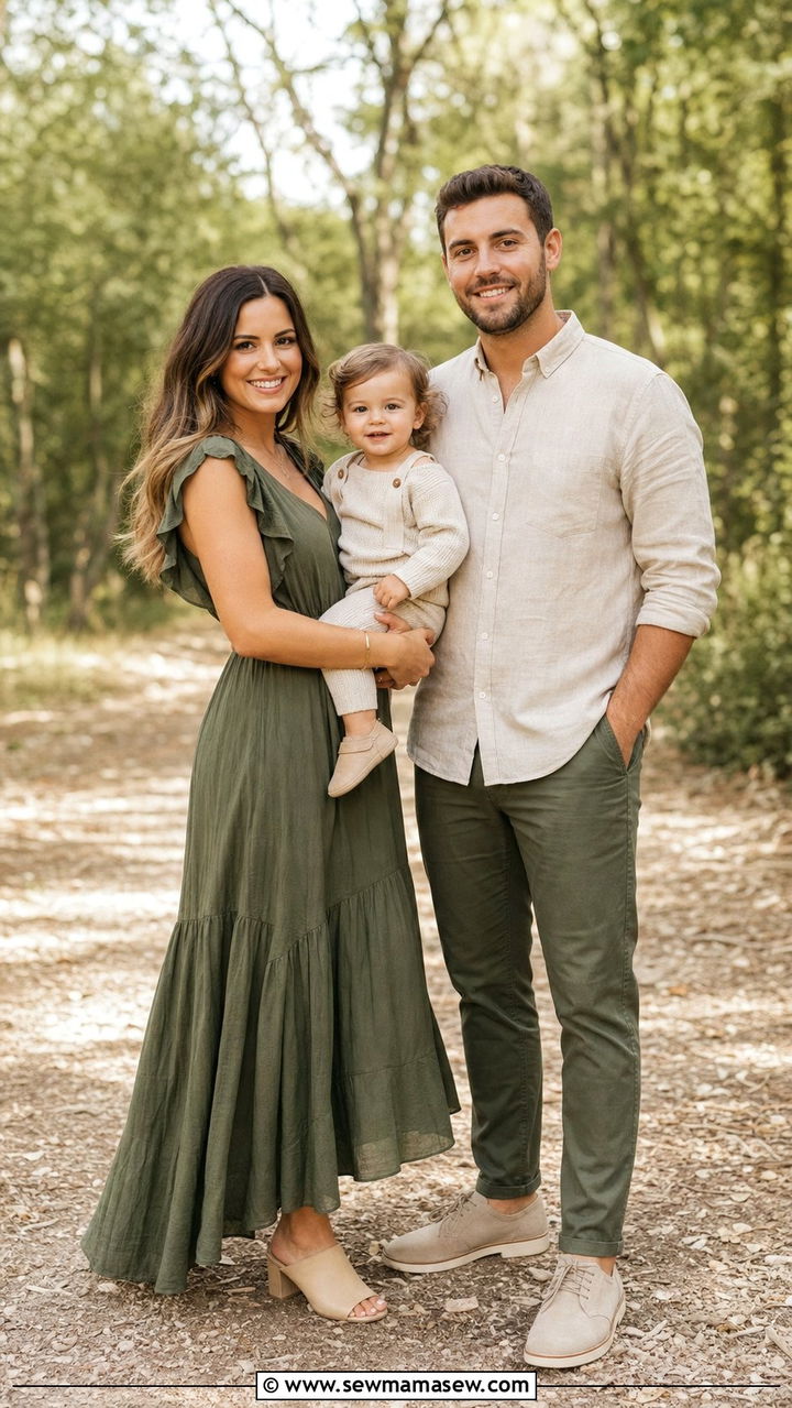 Coordinated Olive Green and Beige Neutral Family Photo Outfit - 25 Family photo outfit ideas with toddler