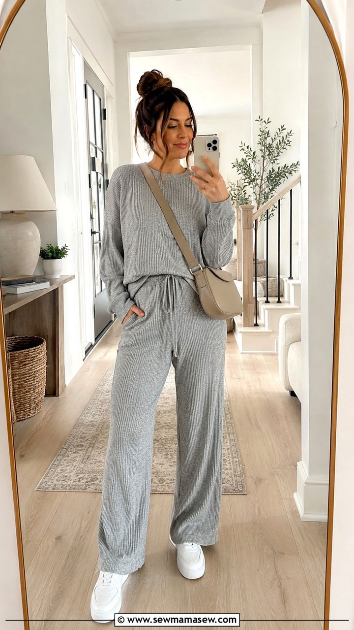 Coordinated Ribbed Knit Lounge Set with Sneakers - 25 Postpartum outfit ideas 2026
