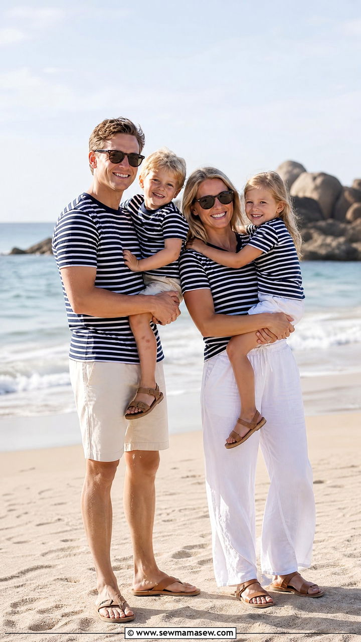 Coordinated Striped Tees and Solid Bottoms for Casual Beach Looks - 30 Family photoshoot outfit ideas