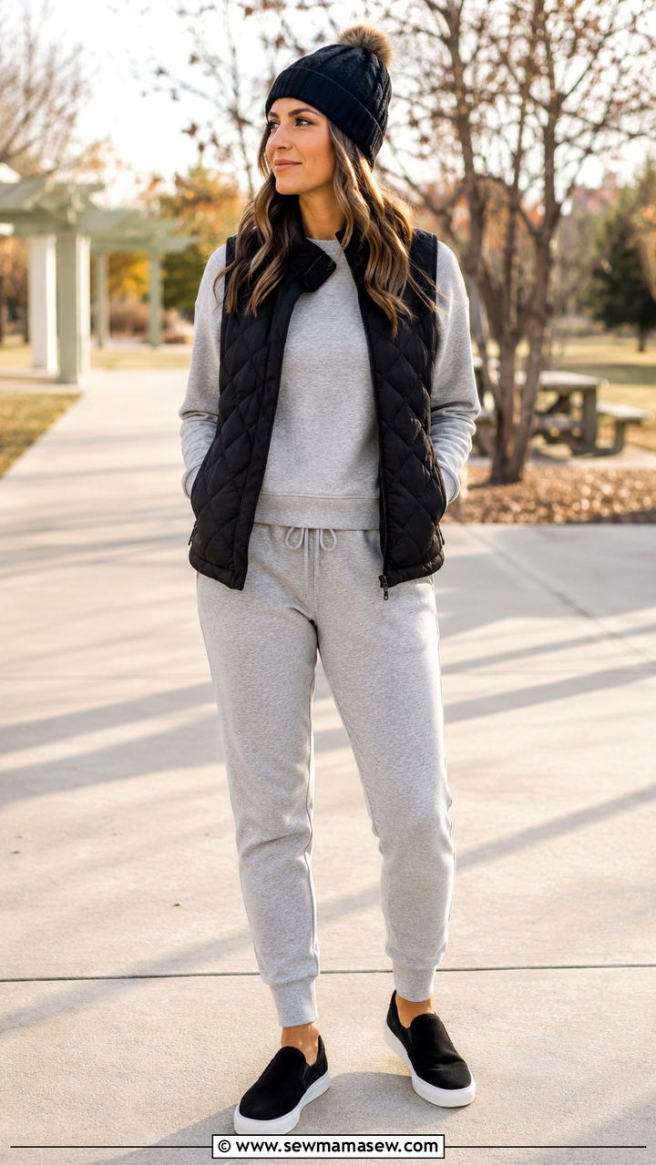 Coordinated Sweatsuit with Quilted Vest - 25 Playground outfit ideas for moms