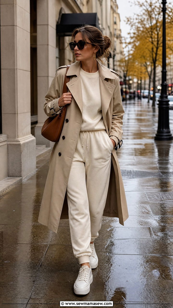 Coordinated Sweatsuit with Trench Coat - 30 classy athleisure outfit ideas