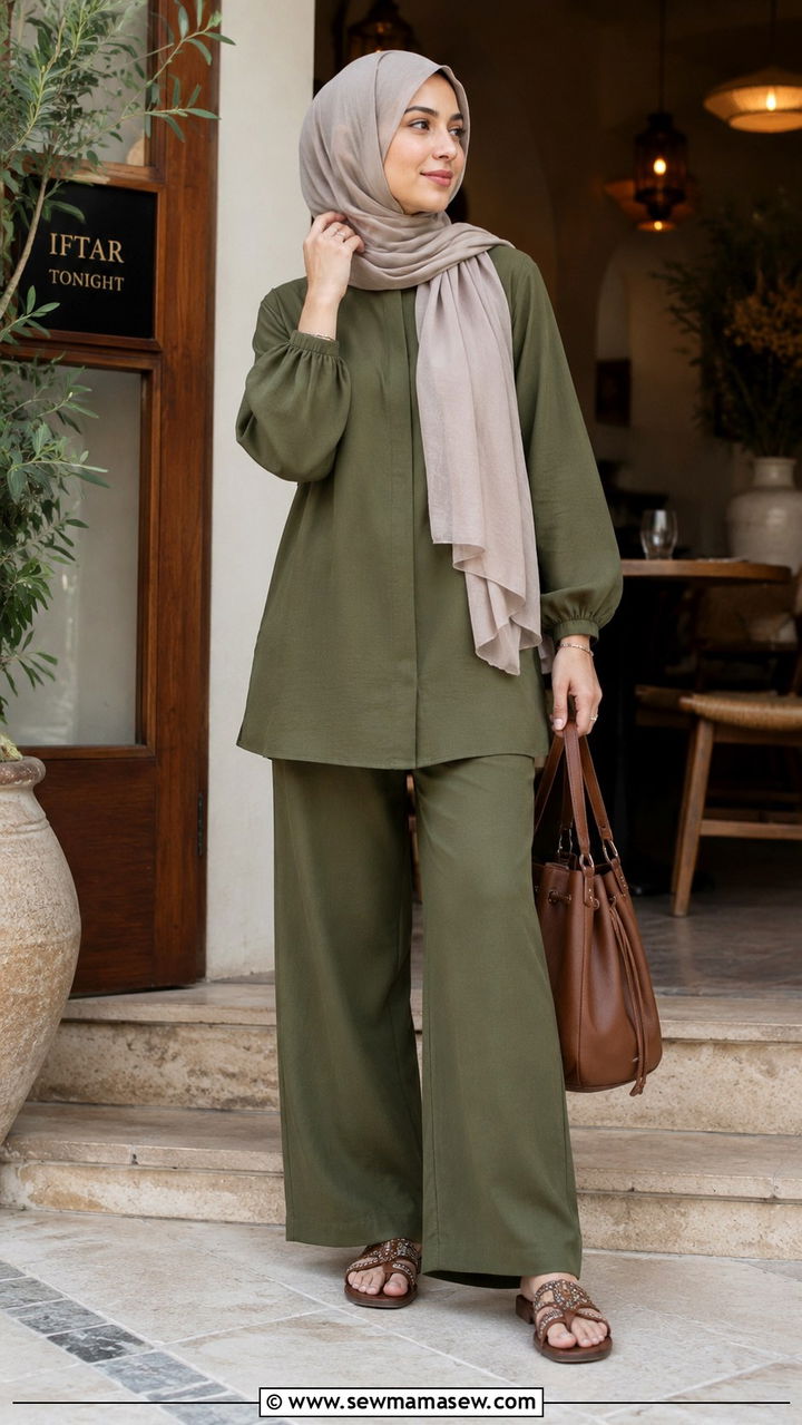 Coordinated Two Piece Set with Wide Leg Trousers - 20 Modest outfit ideas for iftar