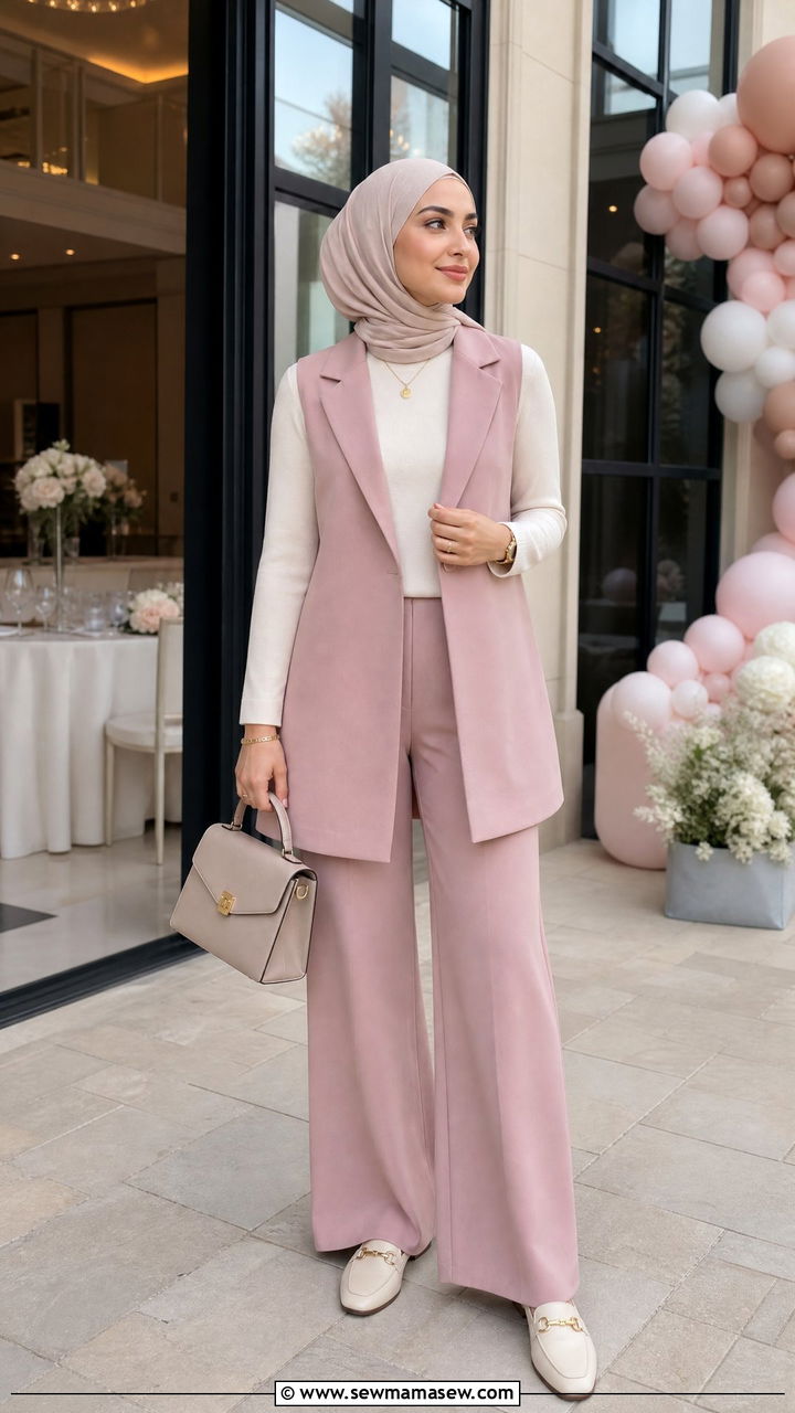 Coordinated Vest and Wide Leg Trousers - 25 modest baby shower outfit ideas