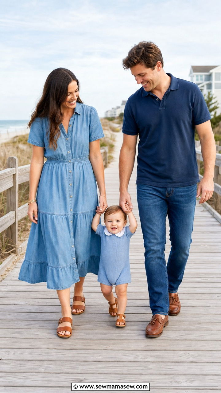 Coordinated blues family photo outfit with toddler - 25 Family photo outfit ideas with toddlers