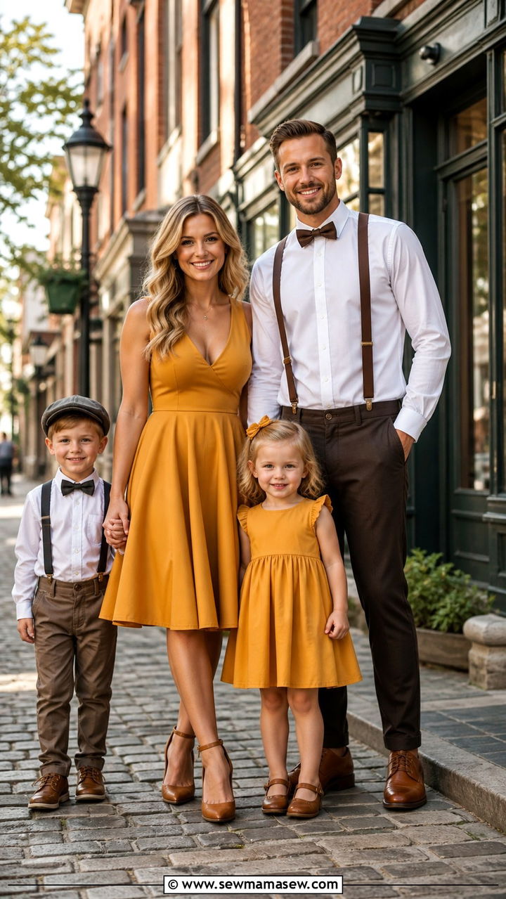 Coordinated dresses and suspenders family outfits - 40 Family photo outfit ideas