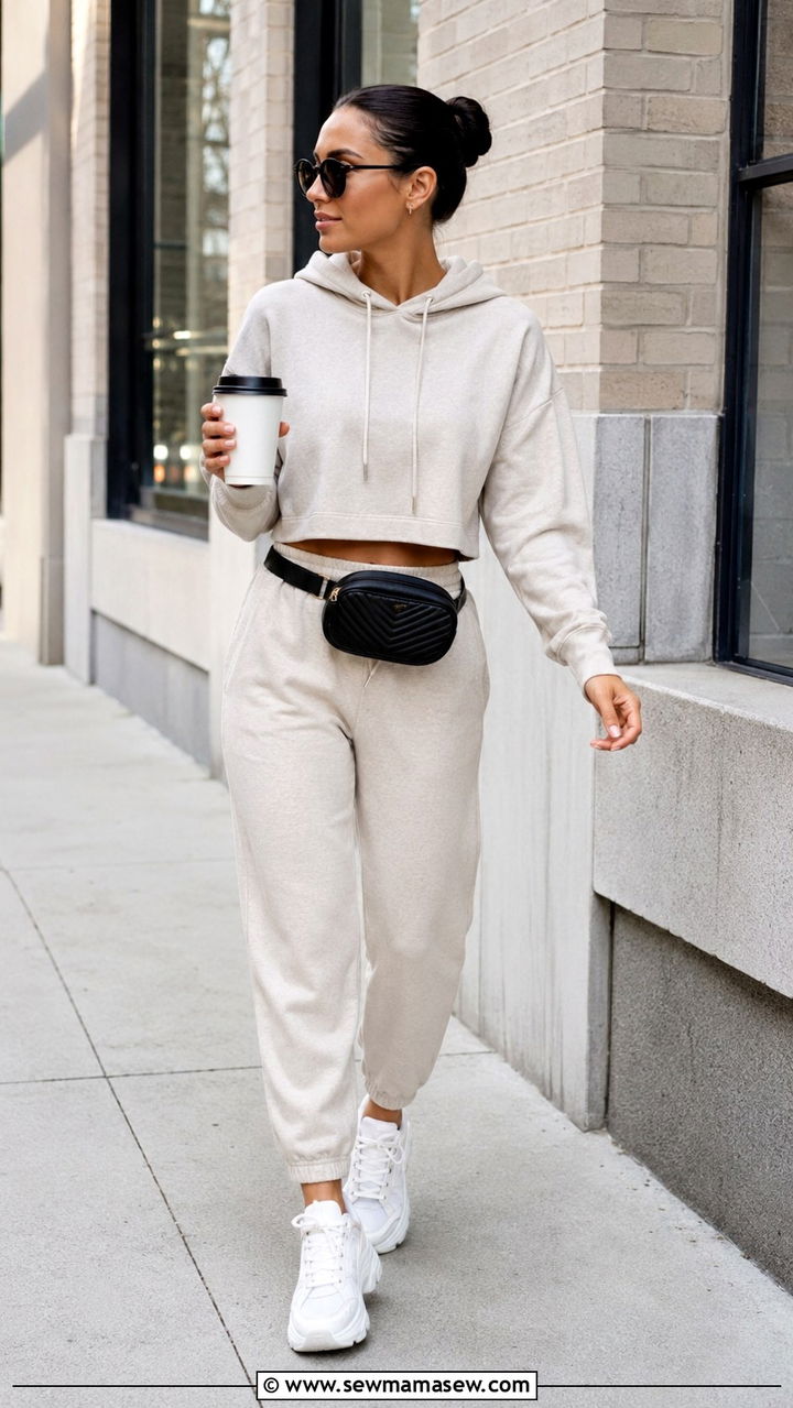 Coordinated jogger set with a cropped hoodie and chunky sneakers - 25 Petite outfit ideas for moms