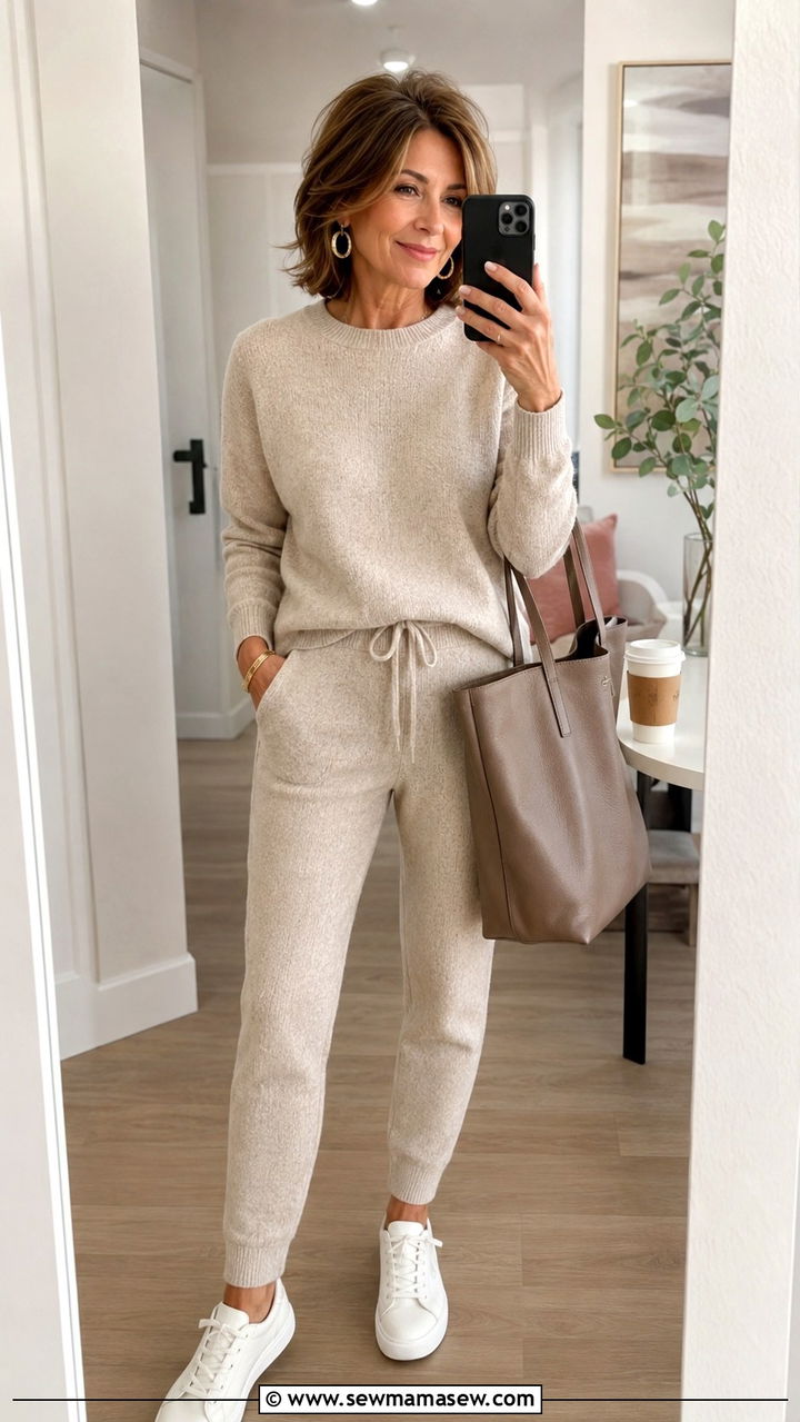 Coordinated knit lounge set with white sneakers and a structured tote - 25 Outfit ideas for women over 50 elevated casual