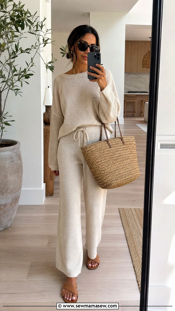 Coordinated knit lounge set with woven tote and sandals - 20 Low key spring outfit ideas 2026