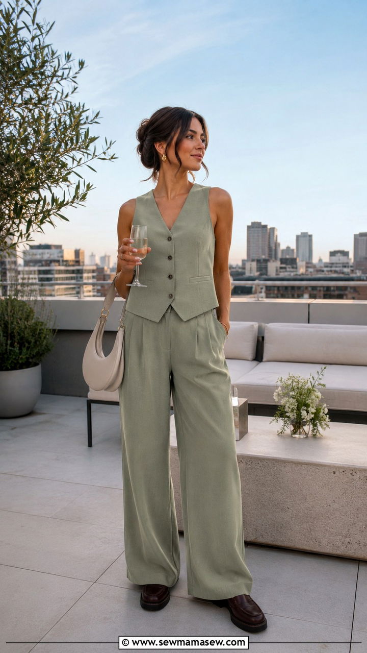 Coordinated vest and trousers set with loafers - 30 spring rooftop dinner outfit ideas