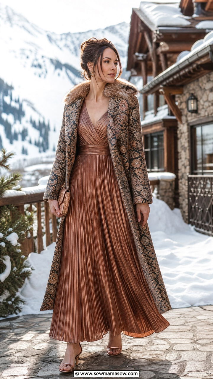 Copper Pleated Gown With Patterned Coat - 30 Festive attire wedding guest outfit ideas