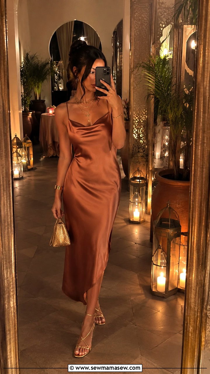 Copper Satin Slip Dress with Layered Gold Chains - 25 Wedding guest outfit ideas Moroccan wedding