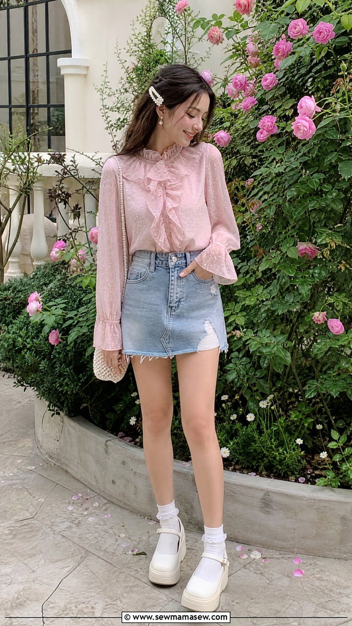 Coquette Ruffle Top With Denim Mini Skirt - 25 cute fashion inspo outfits