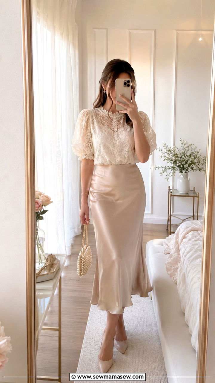 Coquette lace top and satin midi skirt - 30 Pinterest outfits for women