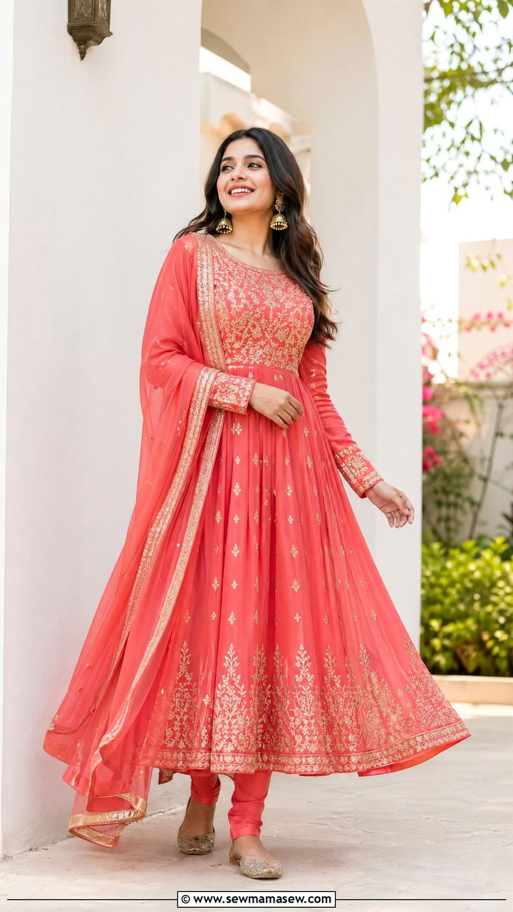 Coral Anarkali with Churidar and Gold Jhumkis - 35 Eid outfit ideas for moms