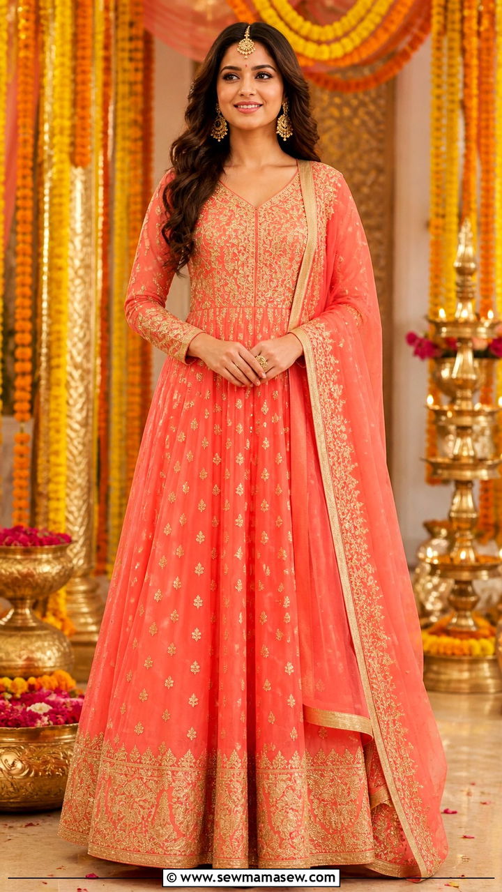 Coral And Gold Floor Length Anarkali Suit - 40 Formal wedding guest outfits