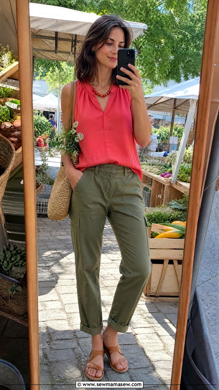 Coral And Olive Green Color Block Outfit - 30 Color blocking outfit ideas