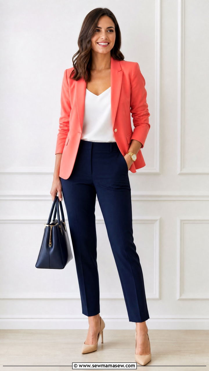 Coral Blazer With Navy Trousers Outfit - 30 Coral outfit ideas