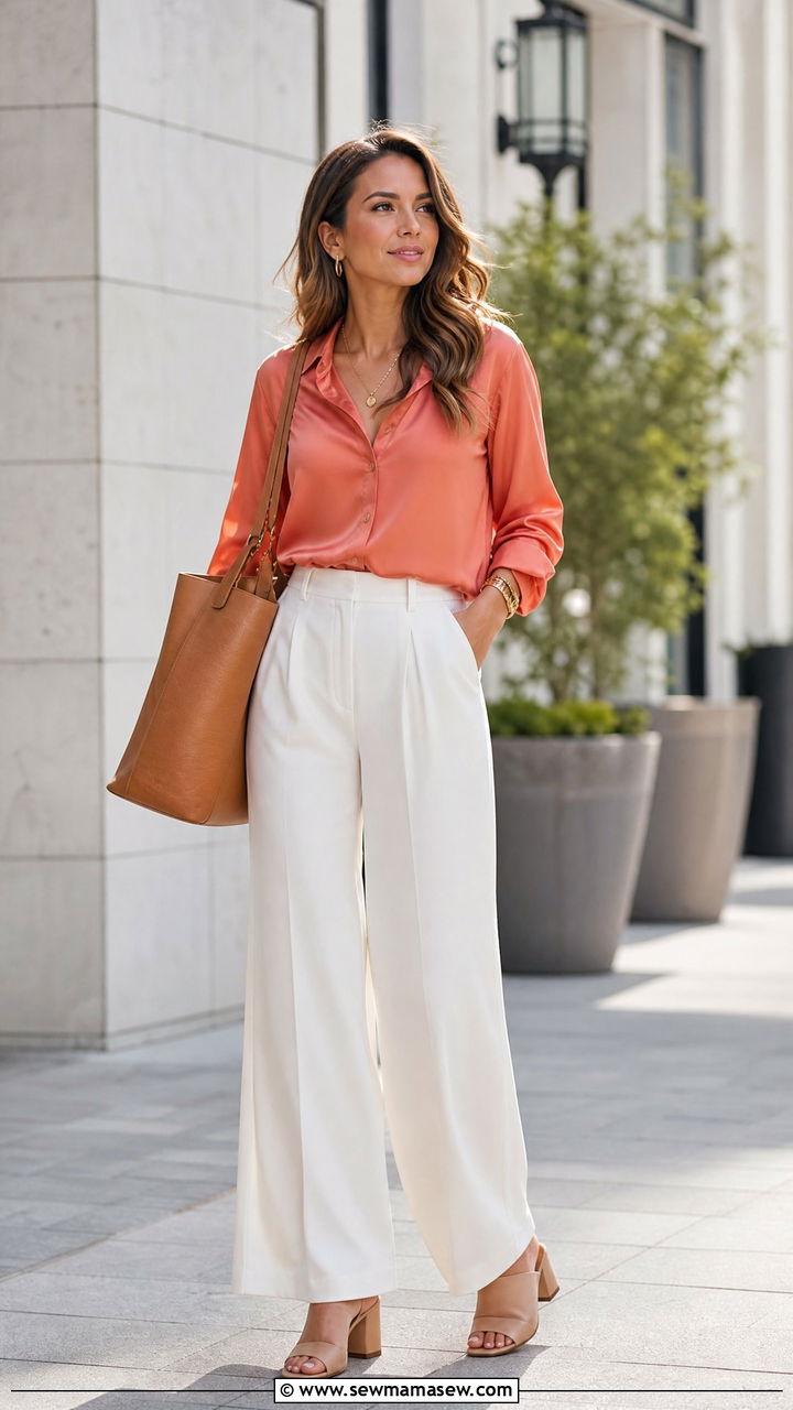 Coral Blouse With White Wide Leg Trousers Outfit - 30 Coral outfit ideas