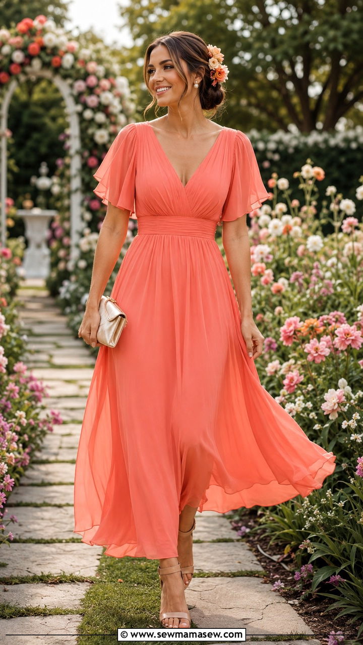 Coral Chiffon A Line Dress with Floral Hair Accessory - 25 Wedding guest outfit ideas coral dress