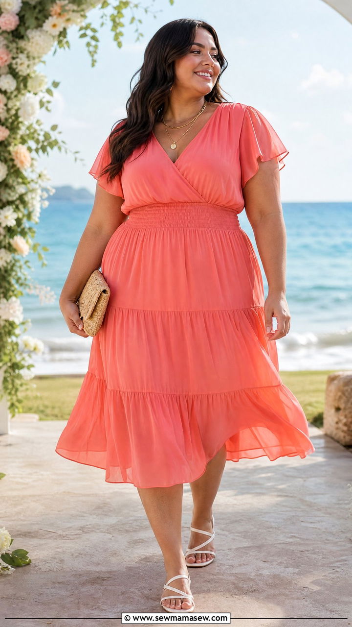 Coral Chiffon Tiered Dress with White Sandals - 30 Plus size wedding guest outfits spring